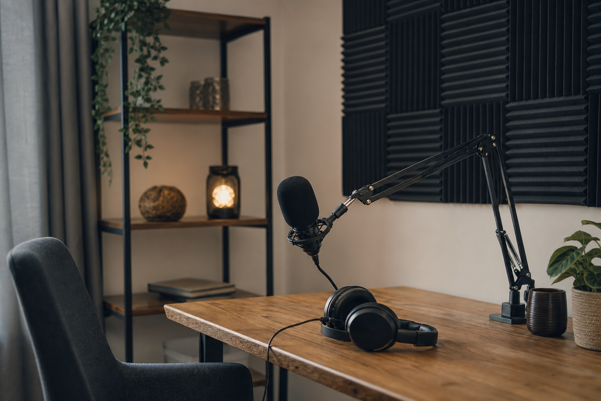 Microphone on a boom arm, headphones on desk, foam wall panels.