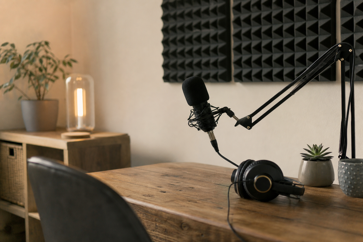Microphone on boom arm, headphones on desk, acoustic foam panels behind