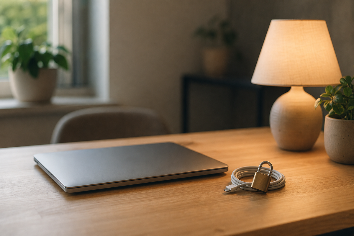 Closed laptop, small padlock, and coiled cable on a desk.