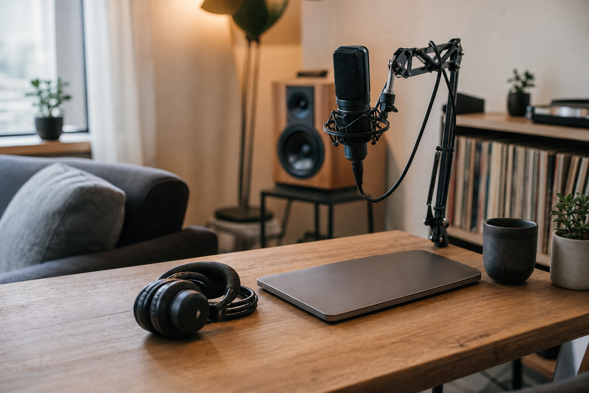 Microphone on boom stand, headphones on desk, closed laptop.