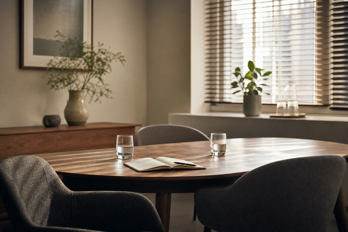 Table with two water glasses, open notepad, chairs, blinds light