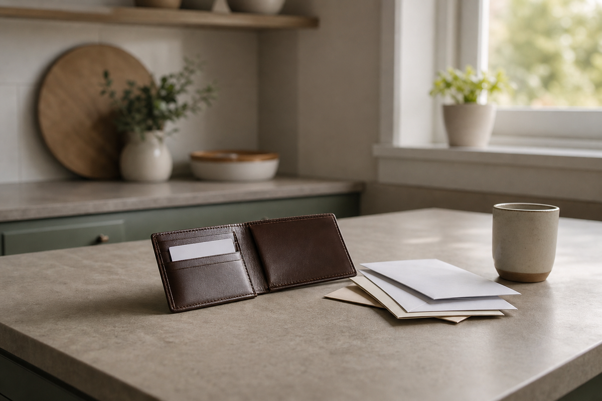 Open wallet on counter with one card and stacked envelopes.