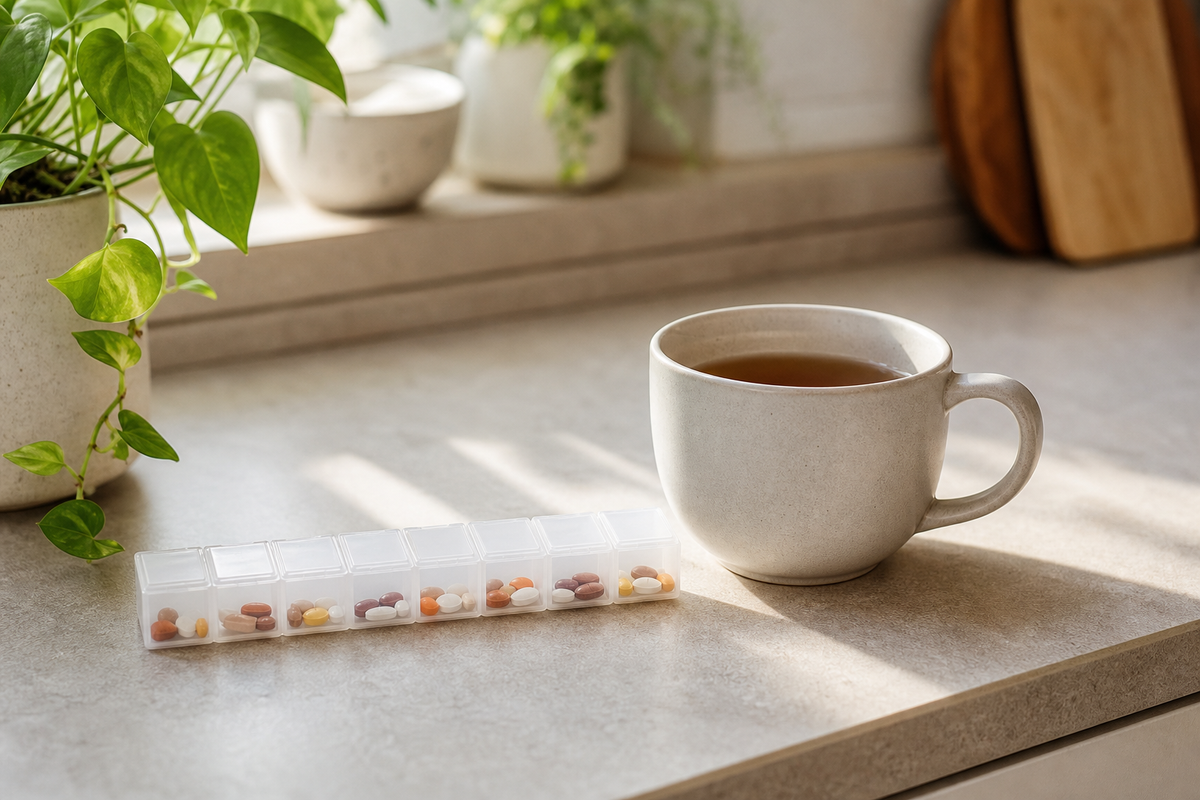 Pill organizer and tea mug on a sunlit kitchen counter.