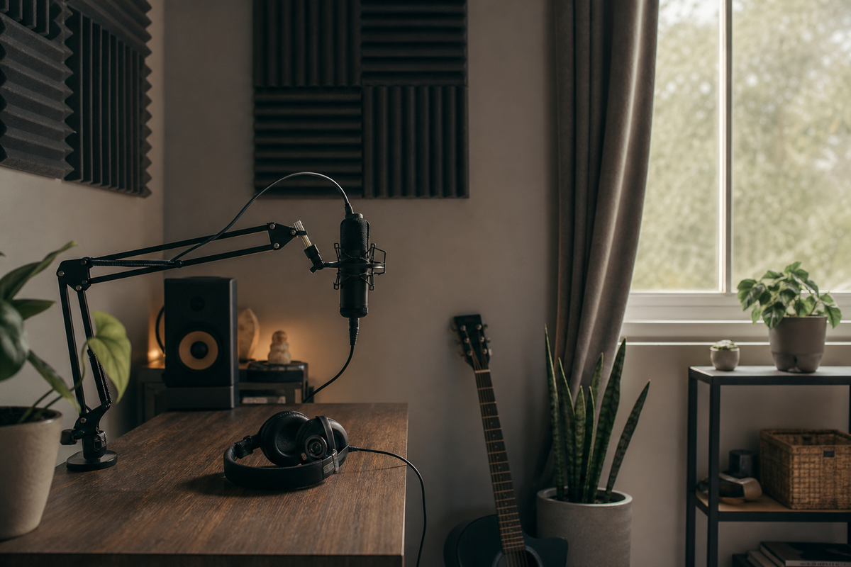 Microphone on boom arm, headphones on desk, foam panels on wall.