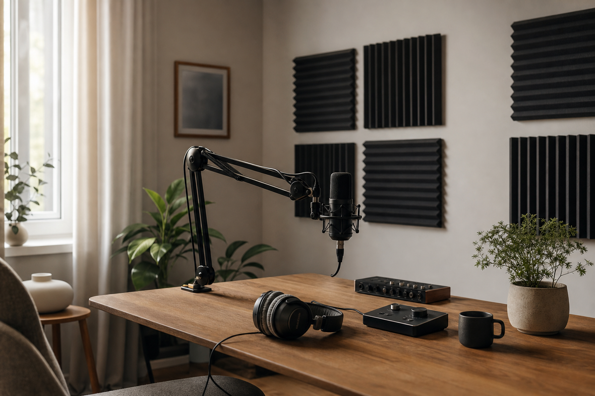 Microphone on boom stand, headphones on desk, acoustic foam panels