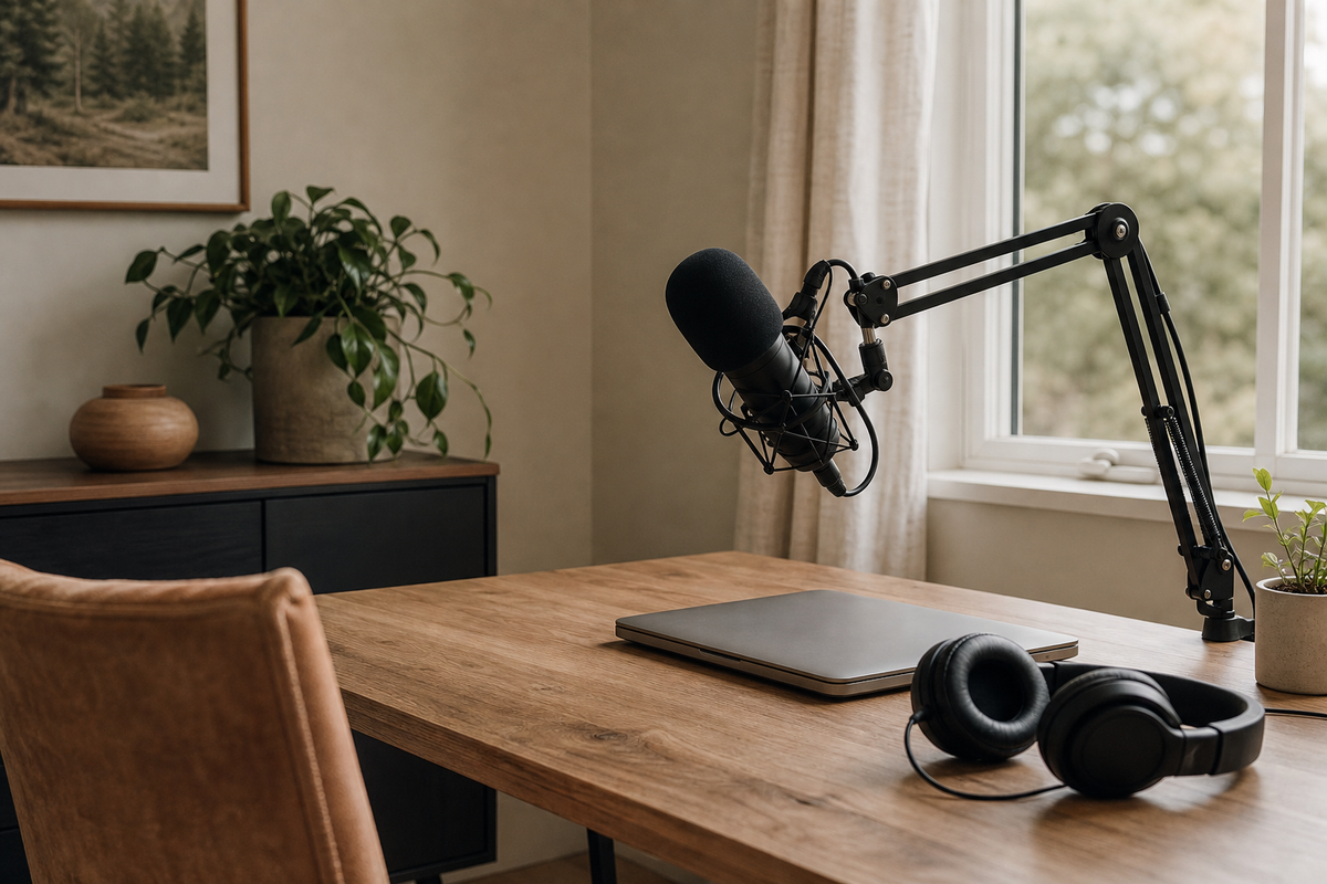 Microphone on boom arm, headphones, closed laptop on desk