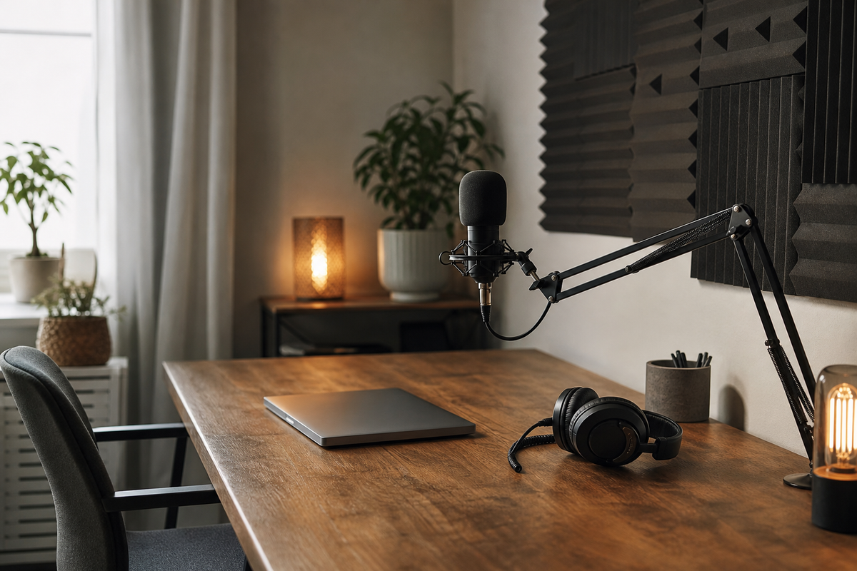 Microphone on boom arm, headphones, laptop, acoustic foam panels on desk.