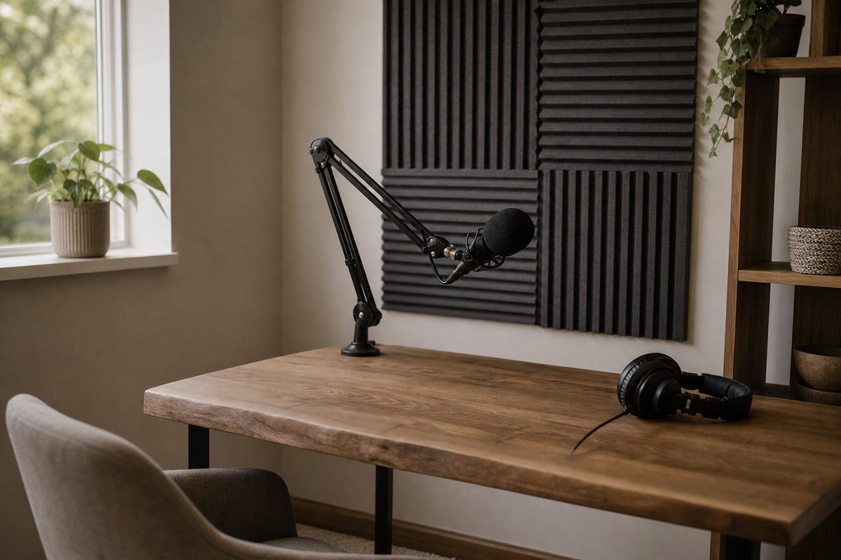 Microphone on boom arm, headphones on desk, foam wall panels.