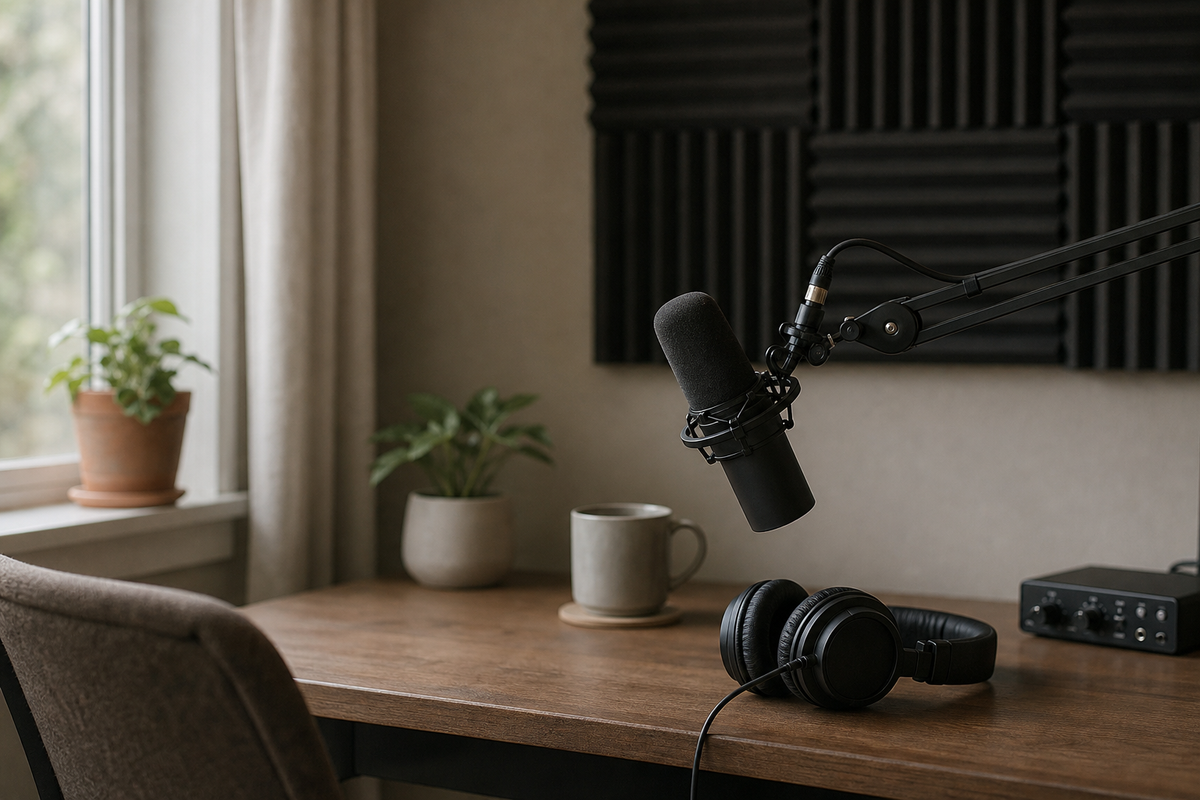 Microphone on boom arm, headphones, acoustic foam panels on wall.