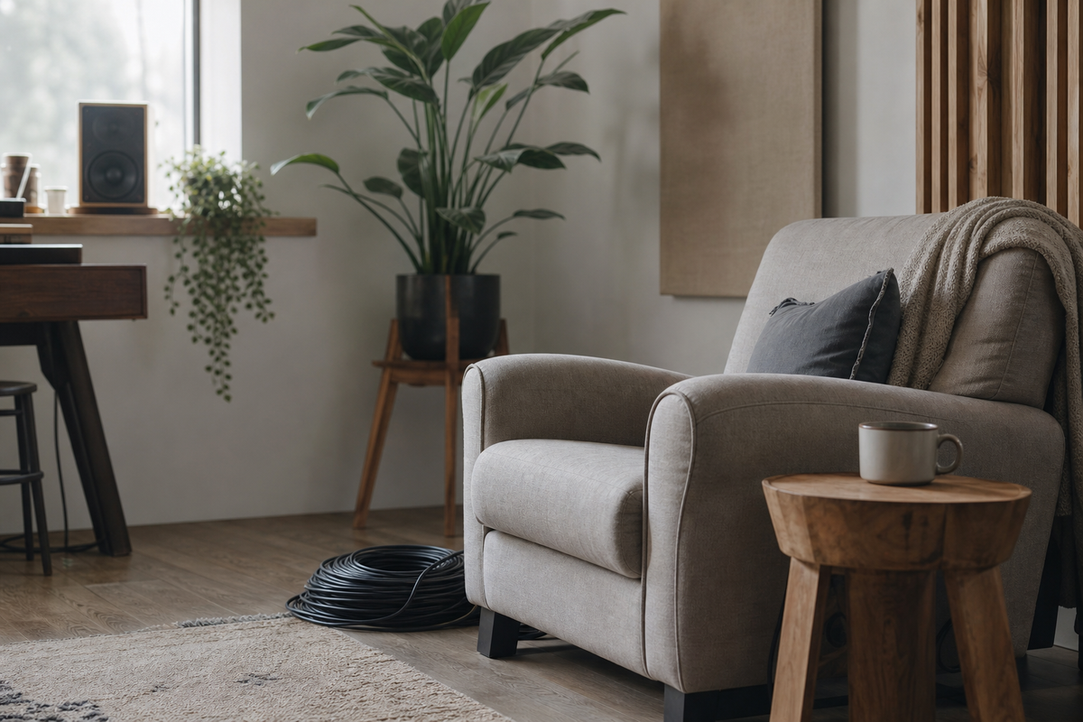 Armchair beside small table with mug and coiled cable