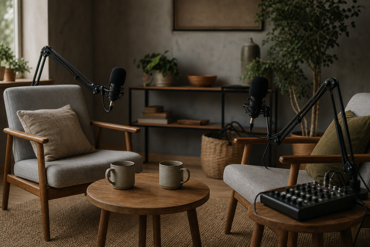 Two chairs, low table with mugs, small mixing panel, warm light.