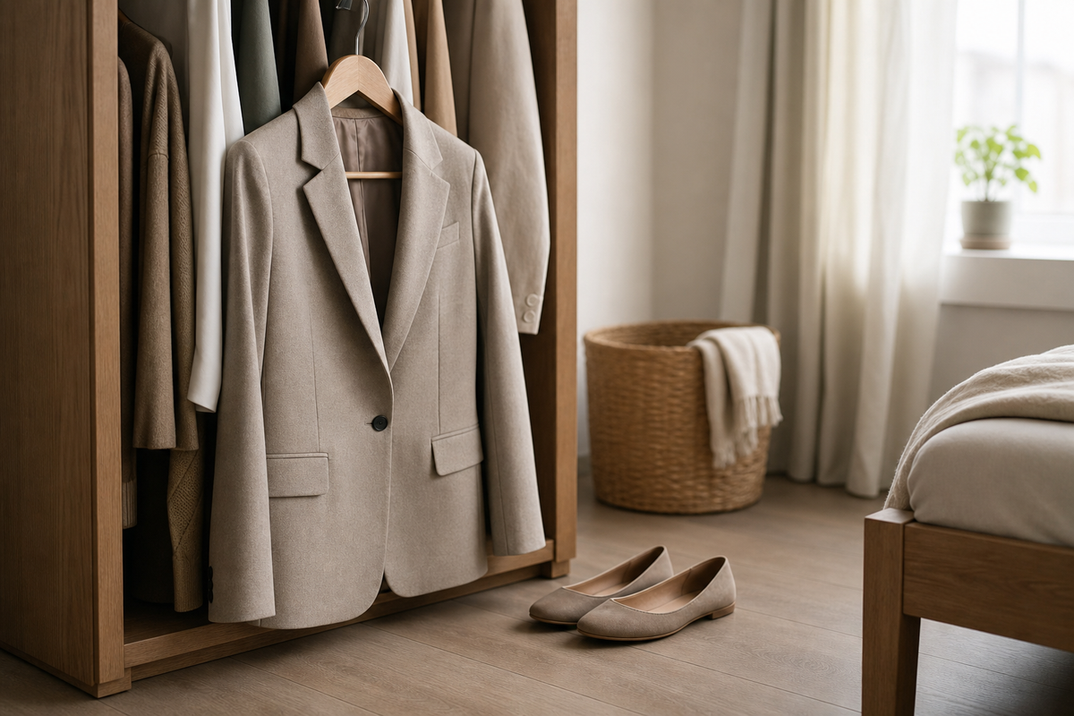 Blazer on wooden hanger above a pair of flats, closet
