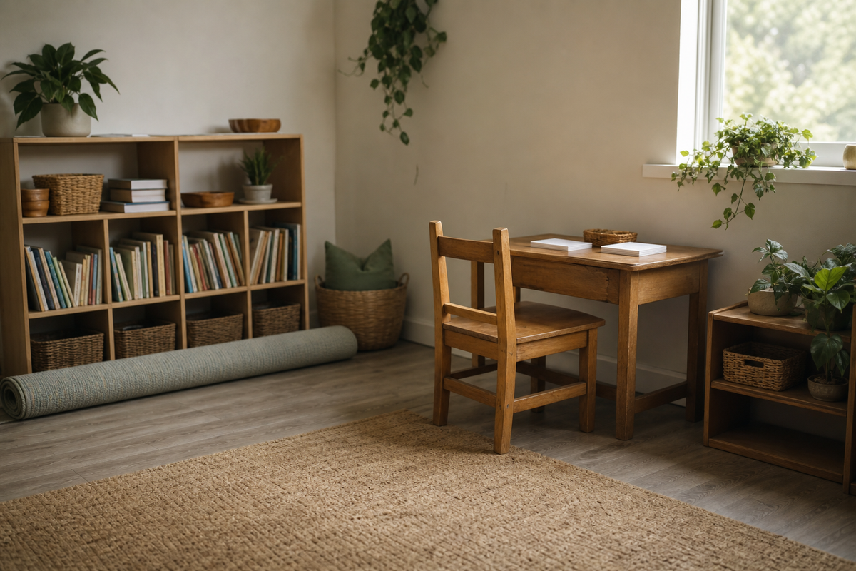 Classroom corner with bookshelf, rolled rug, and wooden desk holding blank cards.