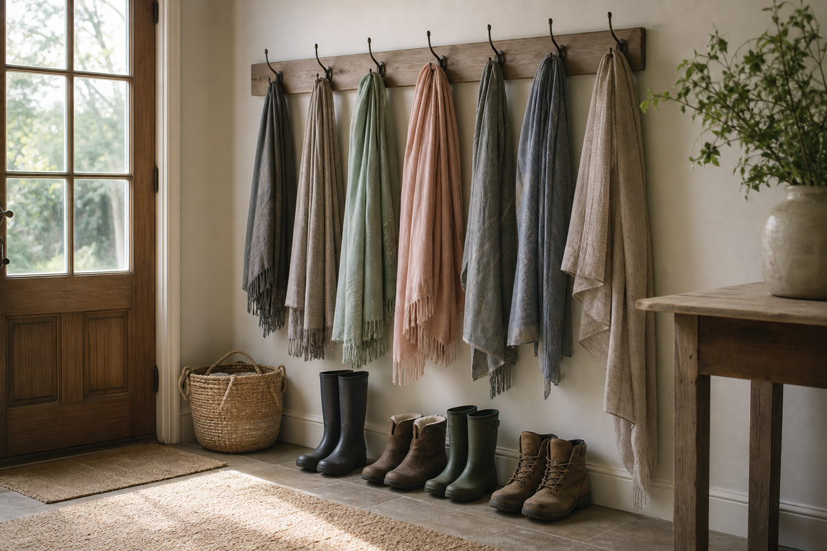 Coat hooks with scarves and boots lined up by a door