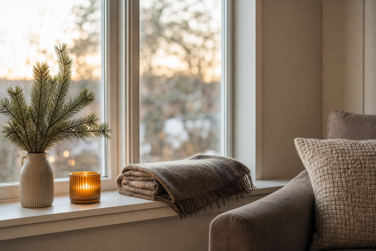 Windowsill with pine branch, lit candle, folded blanket, evening light