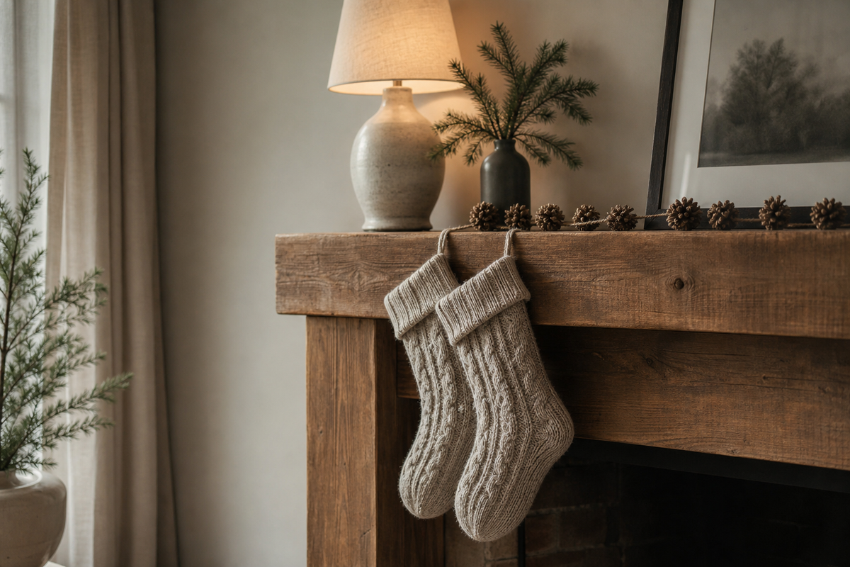 Wooden mantel with two stockings and a pinecone garland.