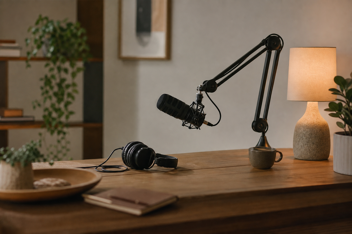 Microphone on boom arm and headphones on a desk