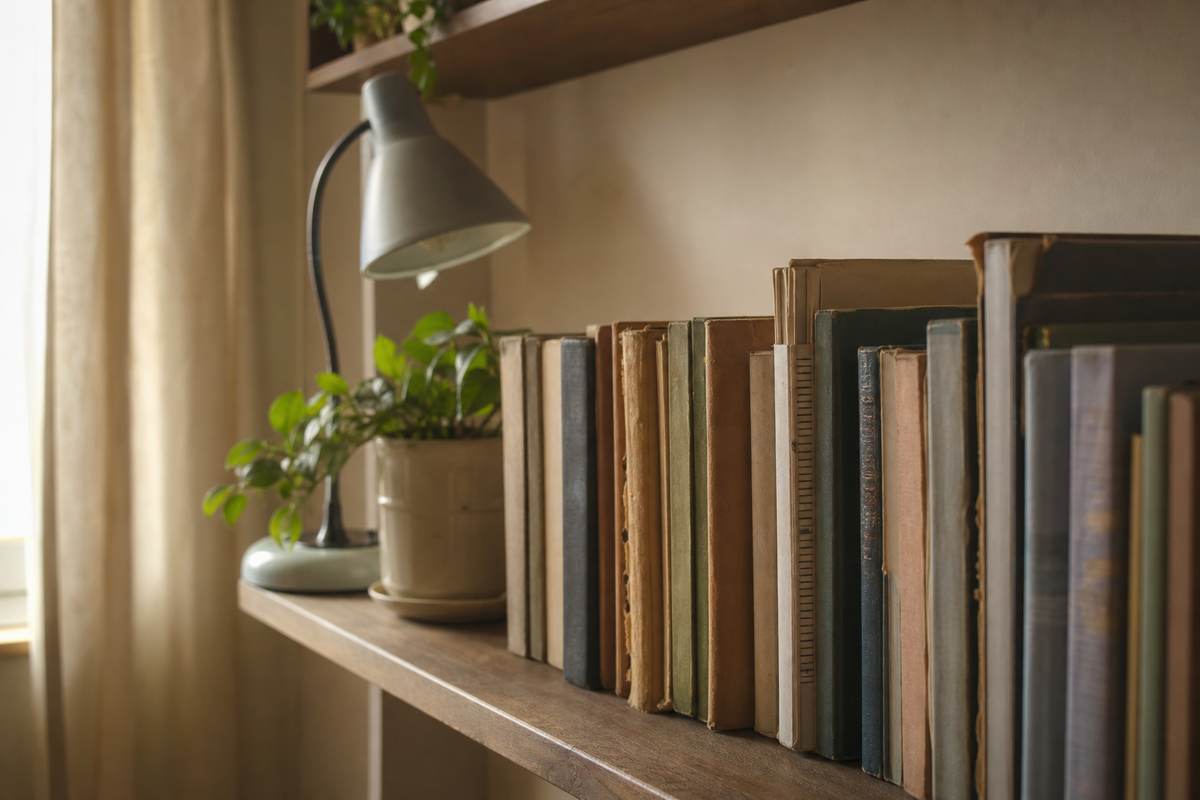 Bookshelf with textbooks, a potted plant, and a lamp