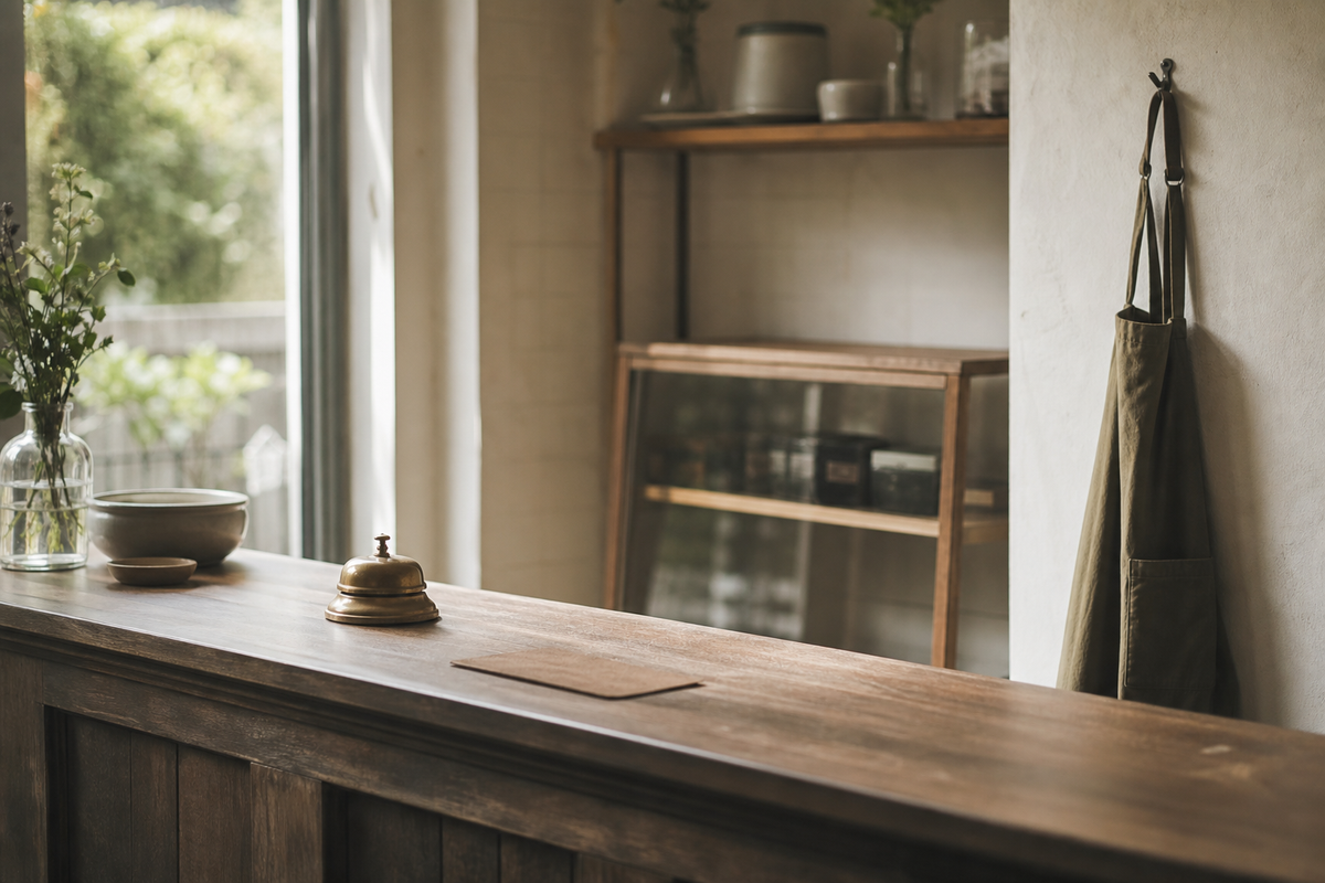 Shop counter with brass bell and folded apron on hook.