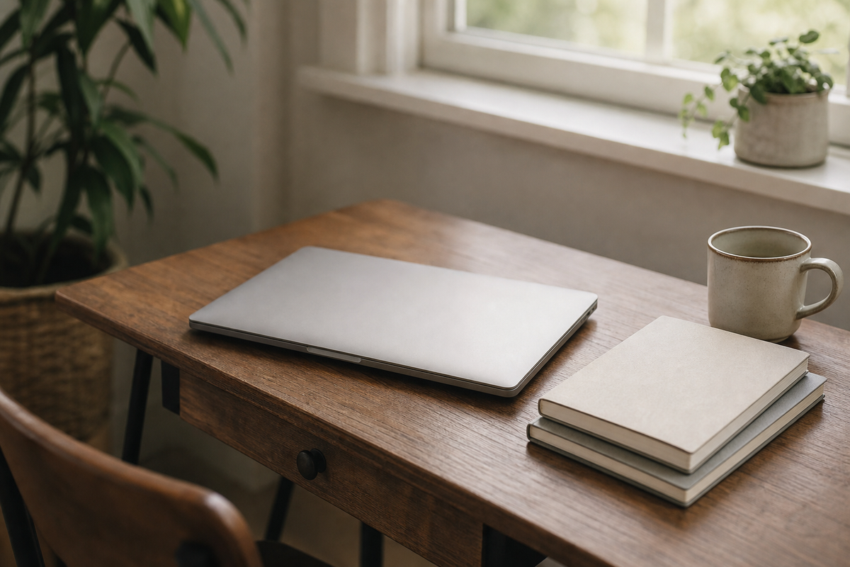 Closed laptop, notebooks, and mug on a sunlit desk.