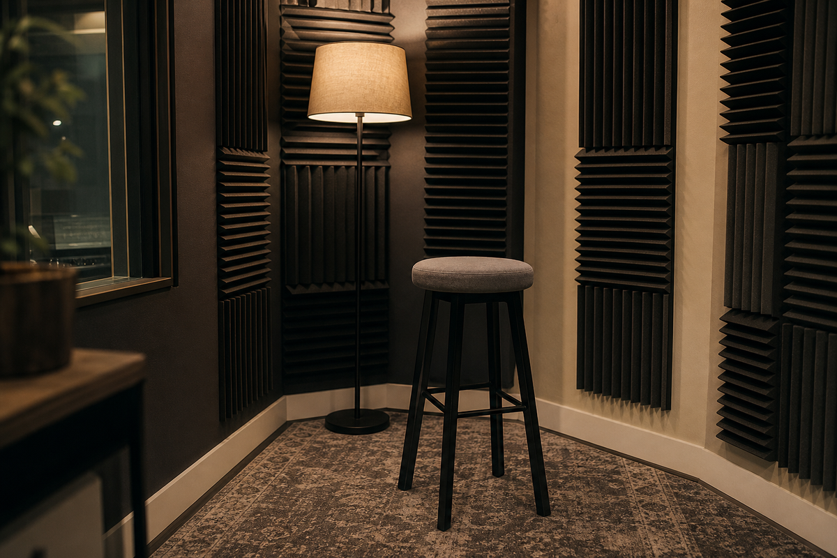 Acoustic foam panels on wall, a stool, warm lamp light