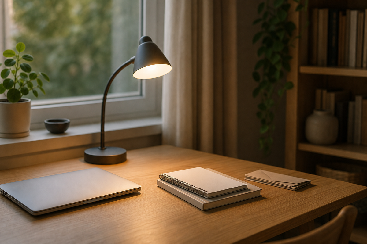 Desk lamp, closed laptop, notebooks, and mail near window.