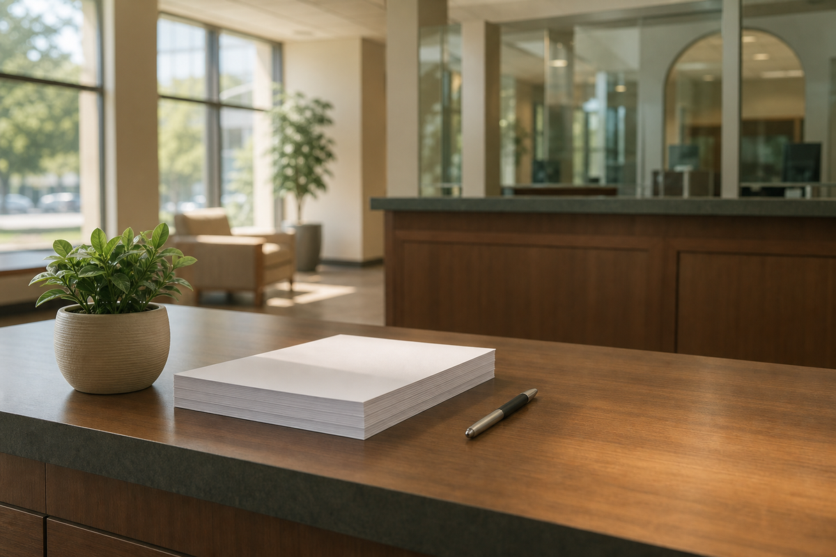 Bank counter with blank forms, pen, and potted plant, sunlit.