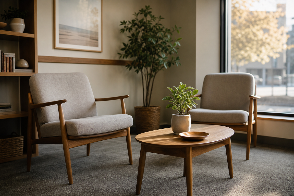 Two chairs and a small table in a sunlit office