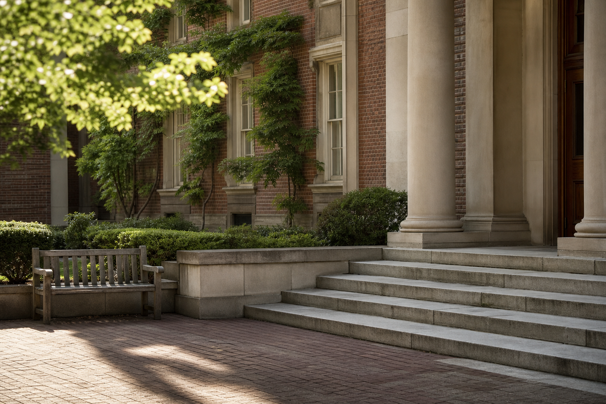 Brick campus building entrance with stone steps and a bench.
