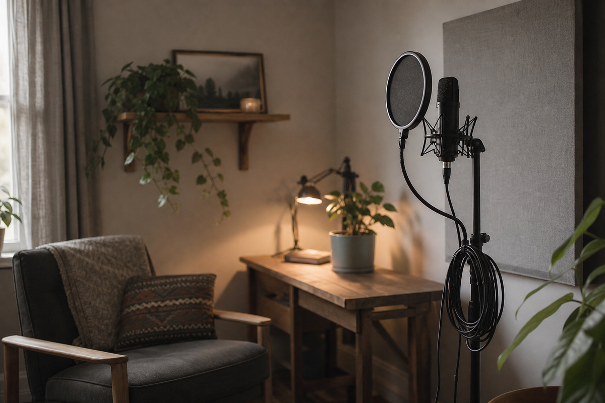 Pop filter on microphone stand beside coiled cable and desk lamp.