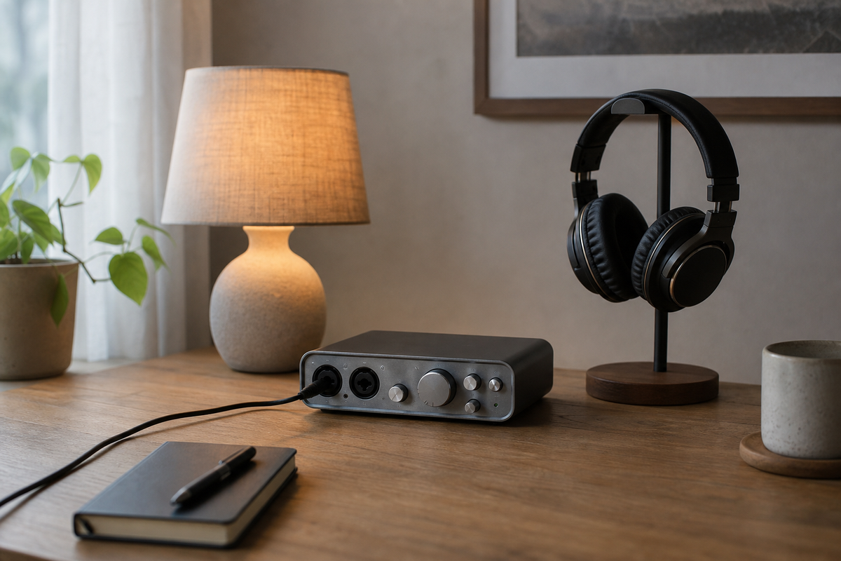 Audio interface with knobs and headphones on a stand, desk lamp lit
