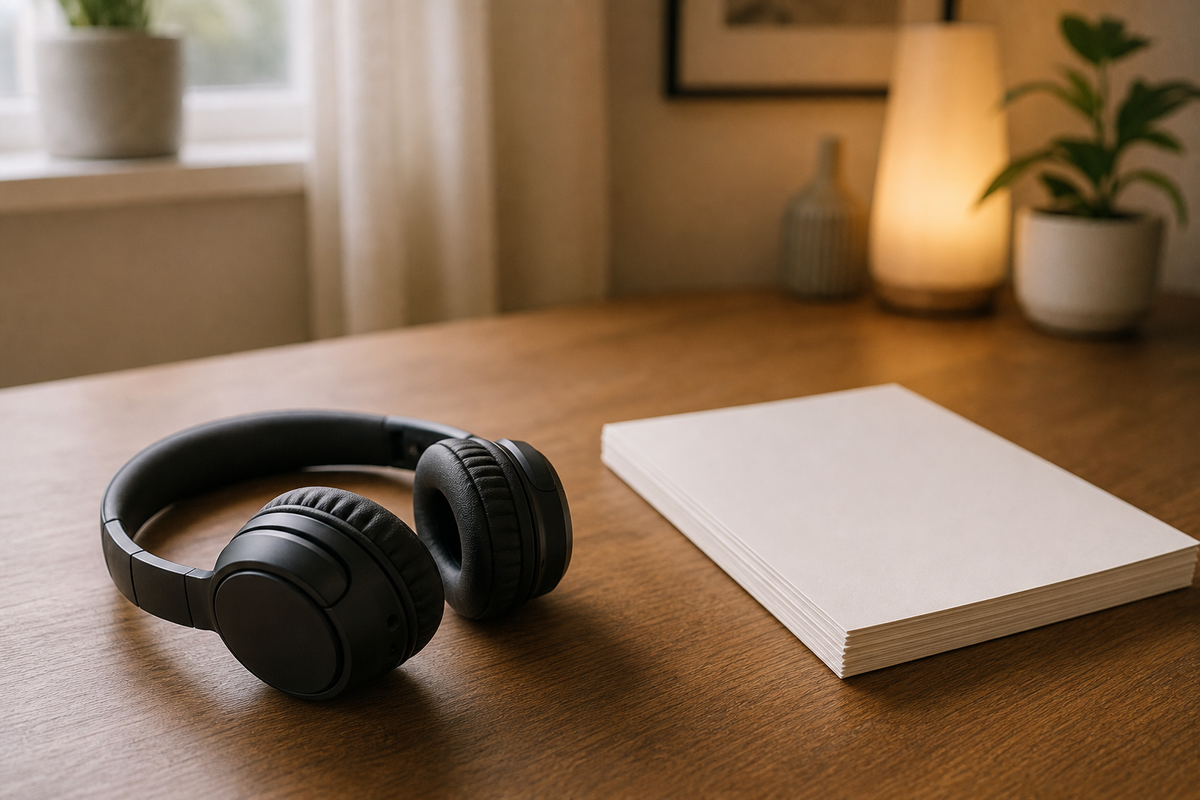 Headphones on a desk beside a stack of blank paper.