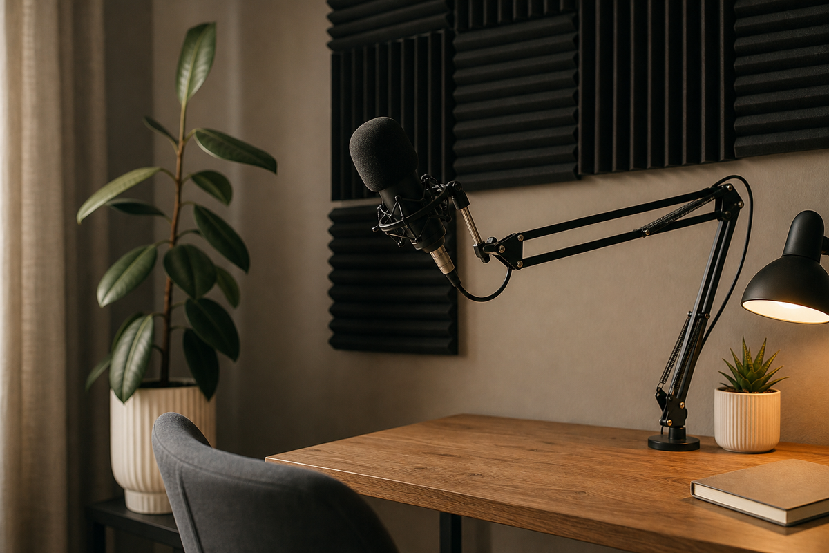 Microphone on boom arm above desk, acoustic foam wall panels.