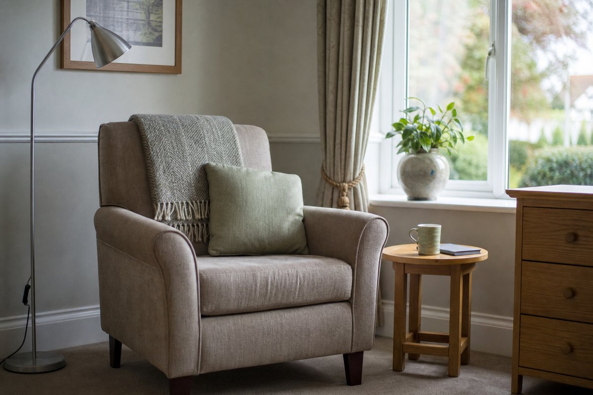 An armchair with a folded blanket beside a lit reading lamp near a window.