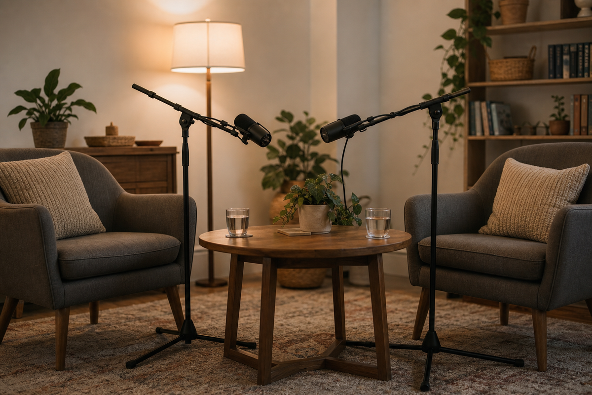 Two microphones on stands facing each other at a table