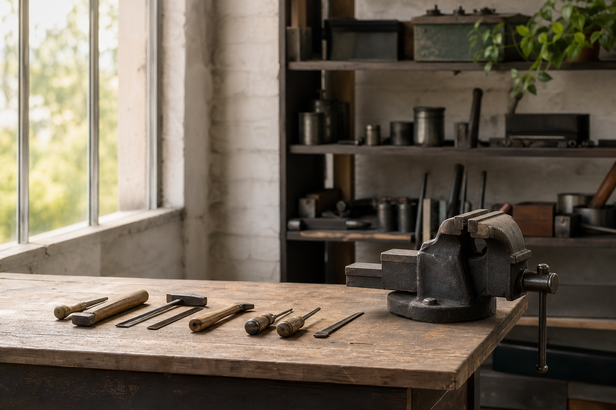 Workbench with hand tools lined up near a vise