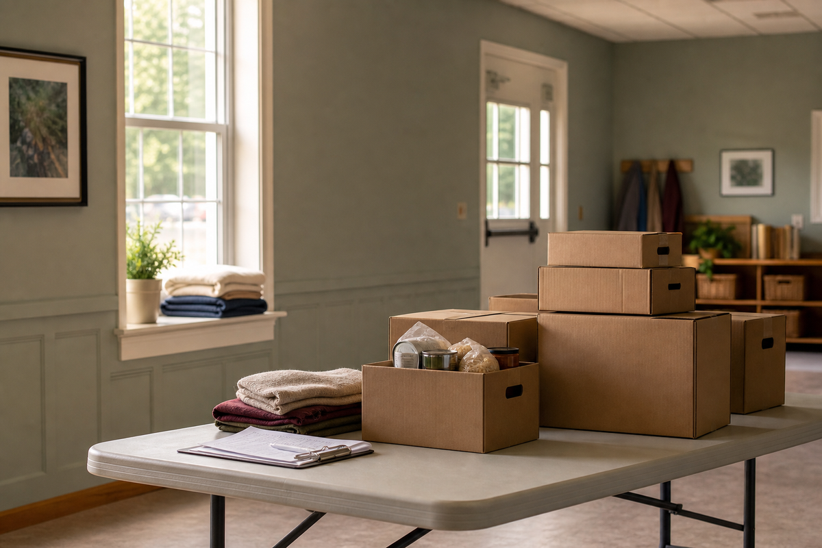 Folding table with stacked cardboard boxes and a clipboard nearby.