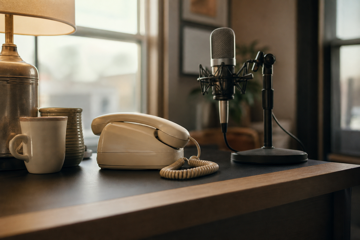 Phone handset in cradle beside microphone stand on desk
