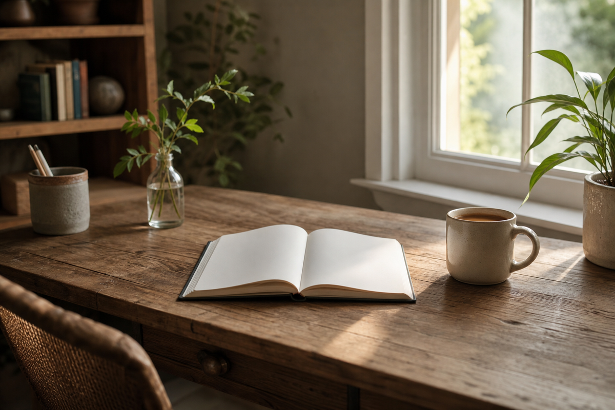 Open notebook and mug on desk near window