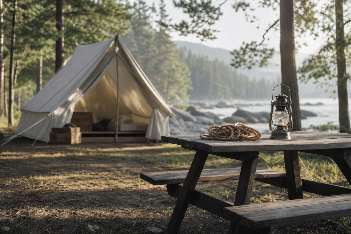 Wooden picnic table with coiled rope, lantern, and open tent behind.