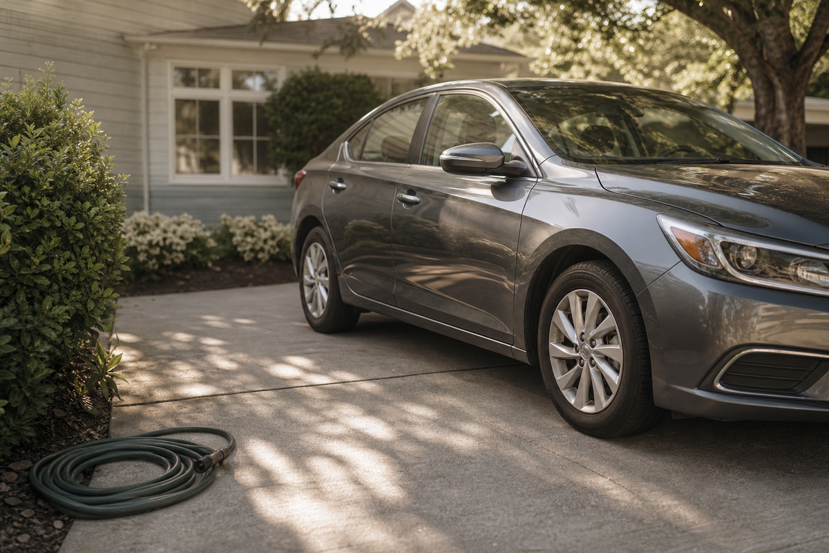A car parked in a driveway next to a coiled garden hose.