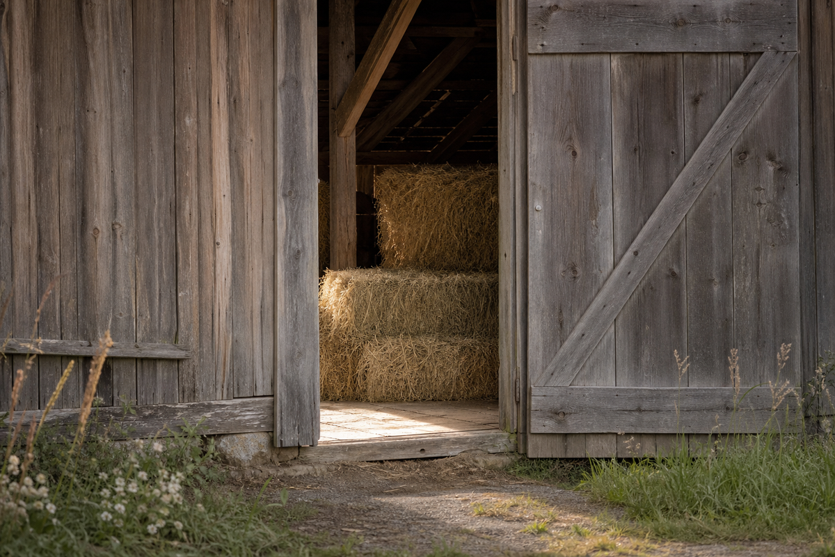 Open wooden barn door with hay bales inside, morning light.