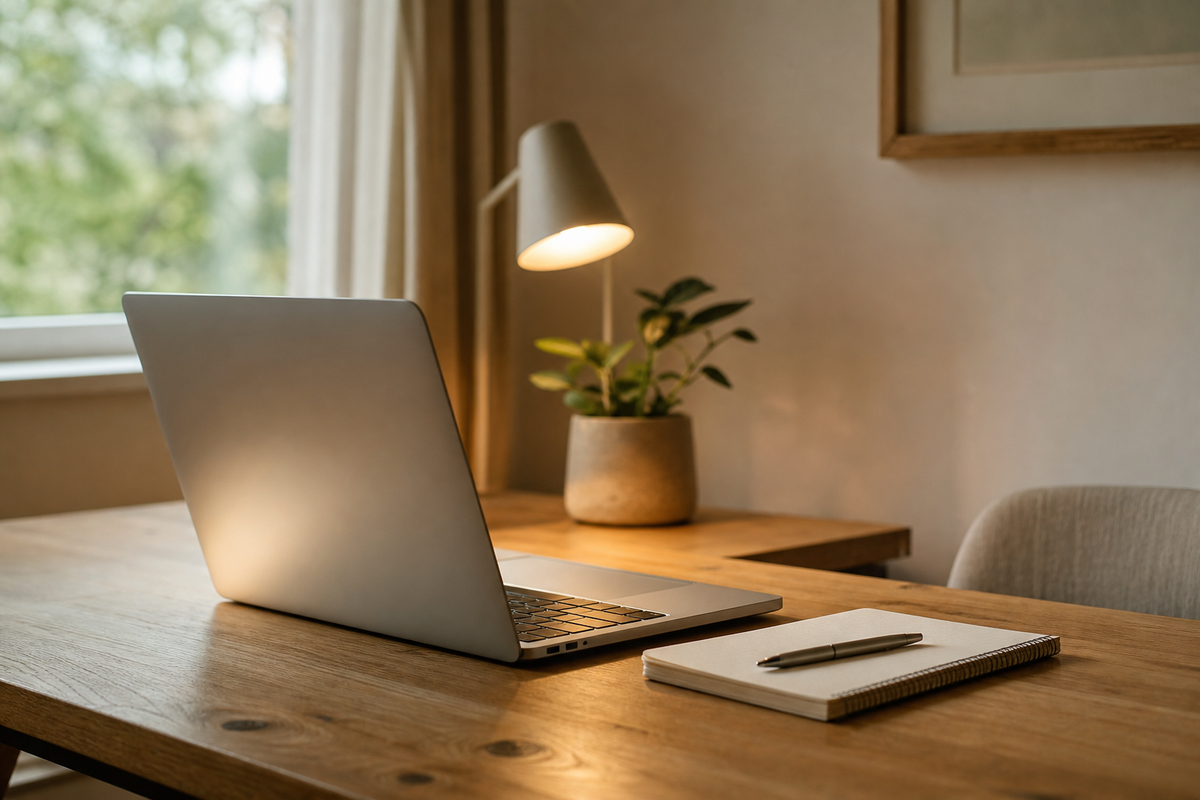 Open laptop, notepad, pen, and lamp on a desk.