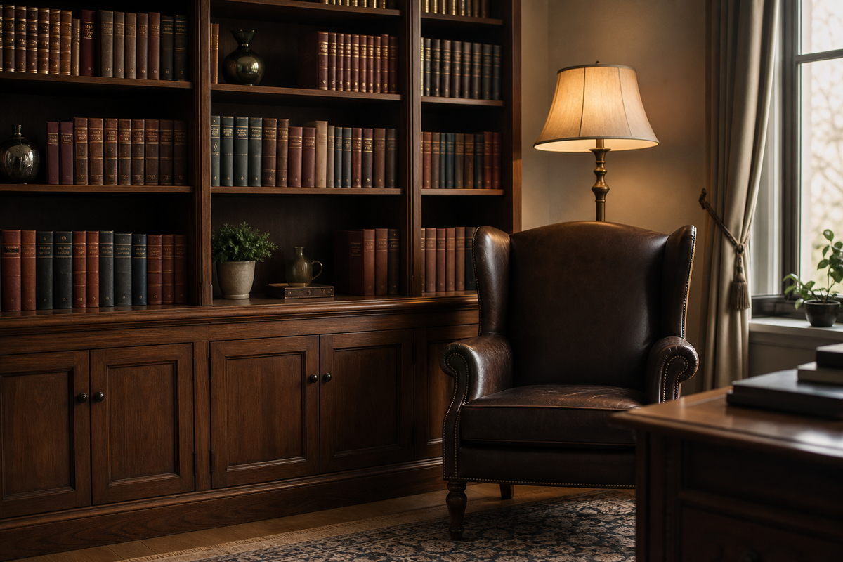 Bookshelf of leather-bound books beside a chair and lamp.