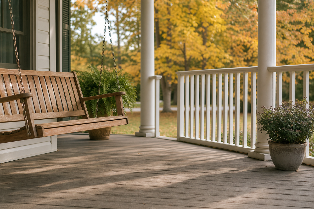 A wooden porch swing beside a railing in morning light.