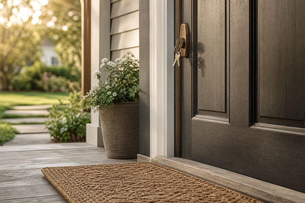Front door with keys in the lock, mat below.