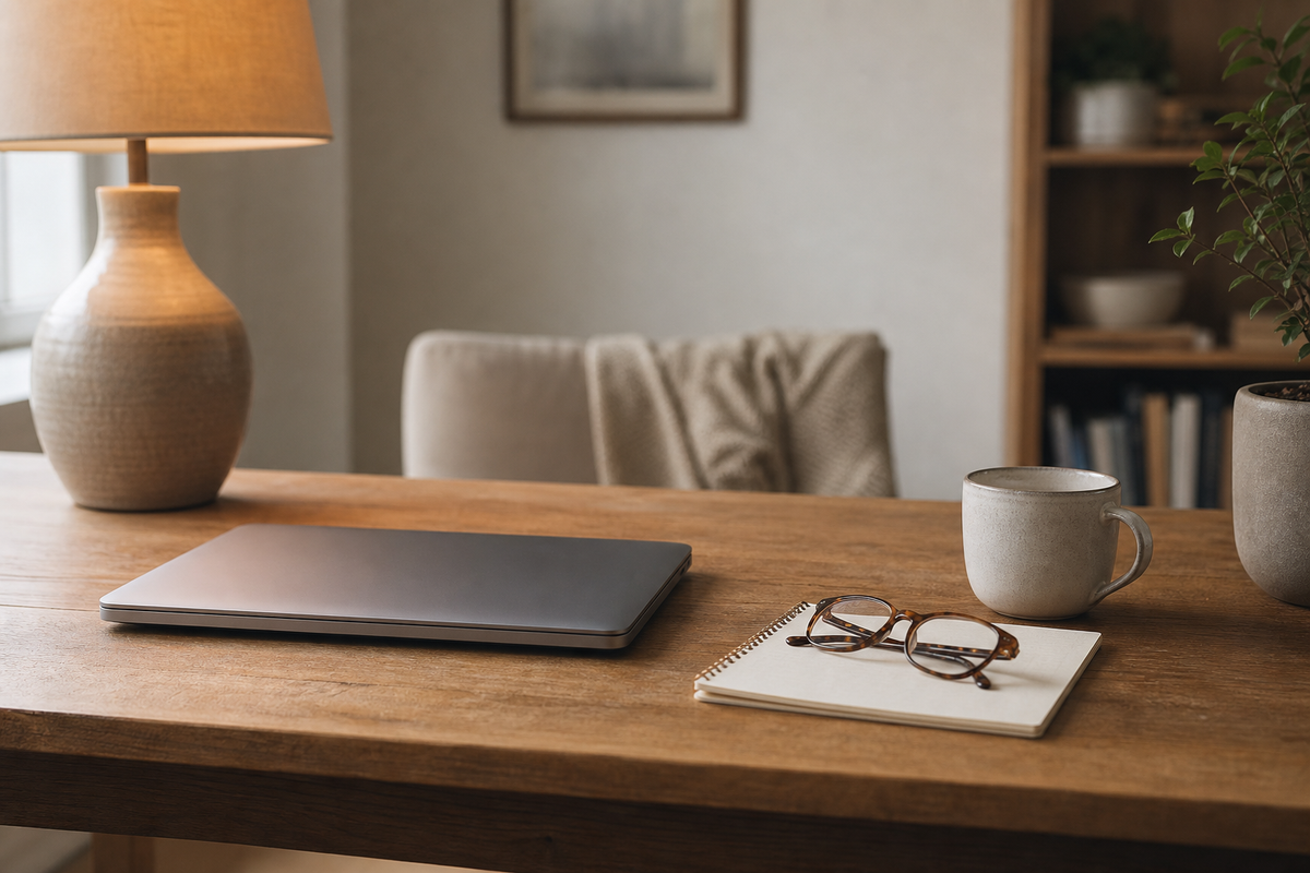 Closed laptop, glasses, and notepad on a desk