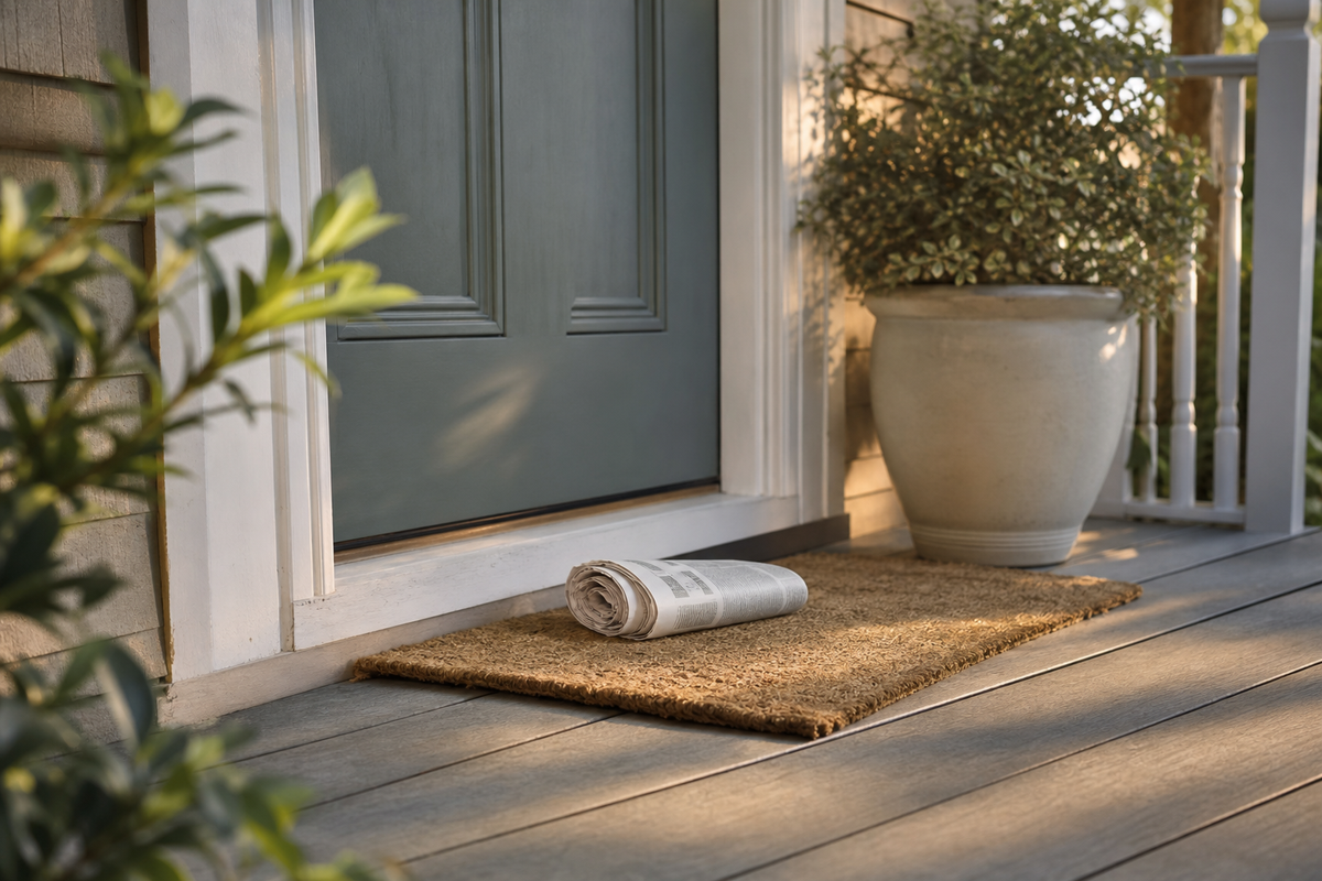 Rolled newspaper on a doormat at a doorstep, morning light.