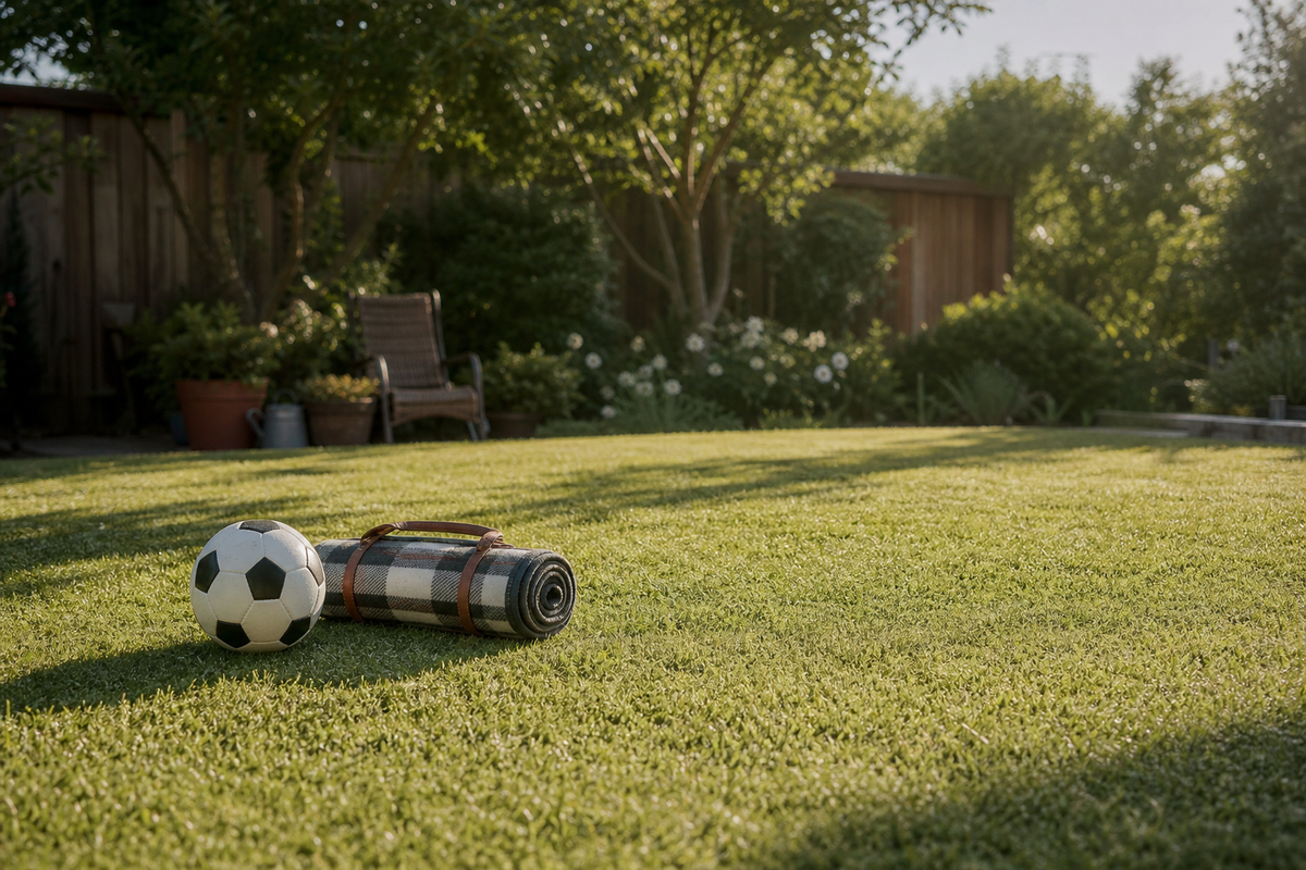 Soccer ball and rolled blanket on sunlit backyard grass.