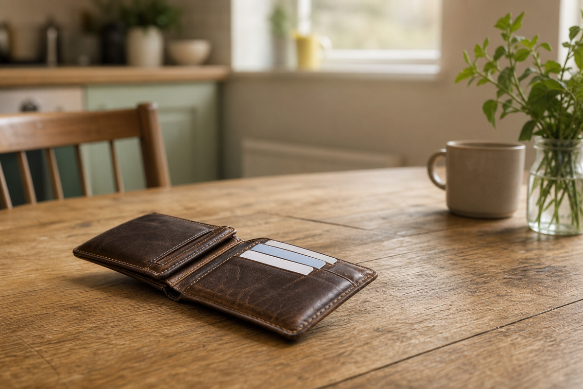An open wallet with blank plastic cards on a wooden table.